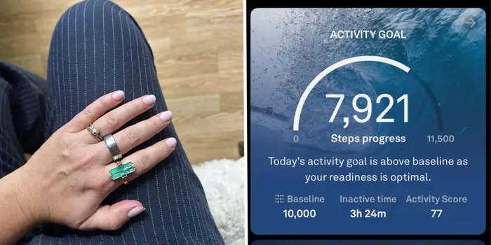 Oura Ring Gen 4 smart ring on a finger showing health data tracking