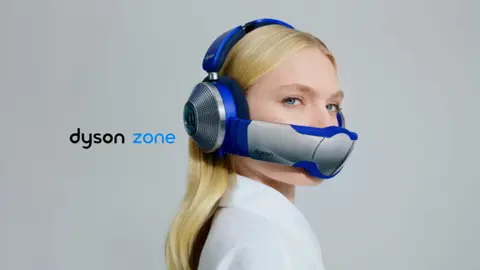 A close-up view of Dyson Zone air-purifying headphones with detachable visor