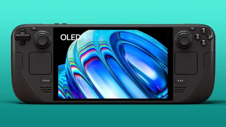 Steam Deck OLED handheld gaming console with vibrant display