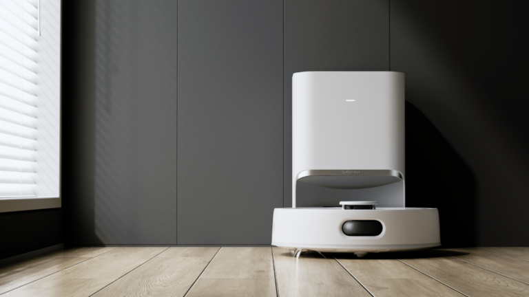 SwitchBot S10 robot vacuum with auto water supply and self-cleaning dock in a modern living room