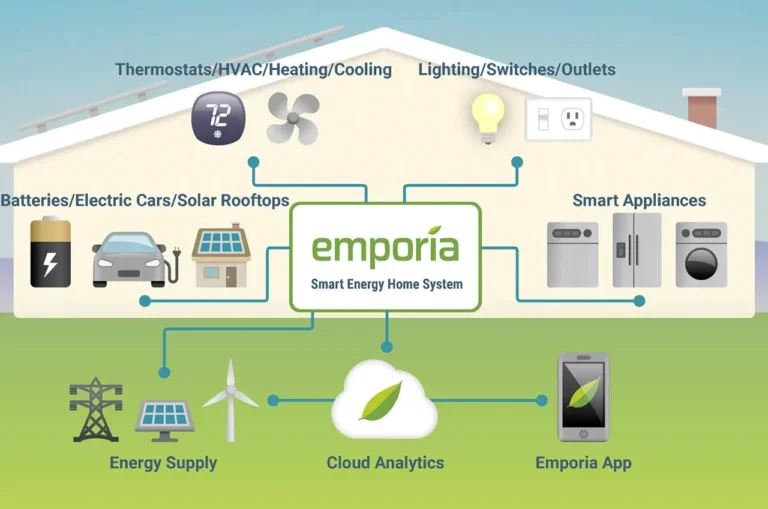 Emporia Smart Home Energy Monitor device inside home breaker panel showing real-time energy usage