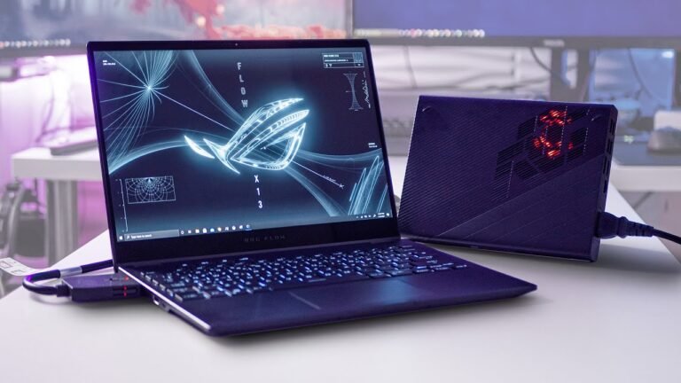 Flow X gaming laptop showcasing slim design, RGB keyboard, and high-performance graphics