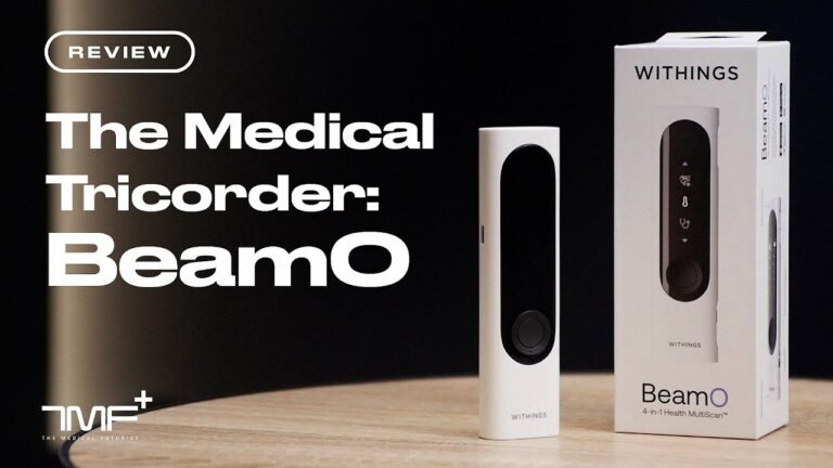 Withings BeamO smart health device showing thermometer, ECG, SpO2, and stethoscope features