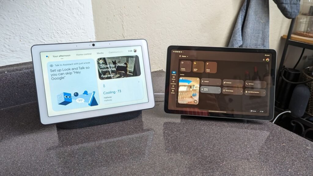 A sleek Google Nest Hub Max showing weather and time on its 10-inch smart display