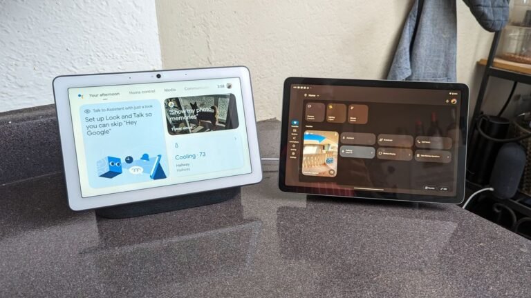 A sleek Google Nest Hub Max showing weather and time on its 10-inch smart display
